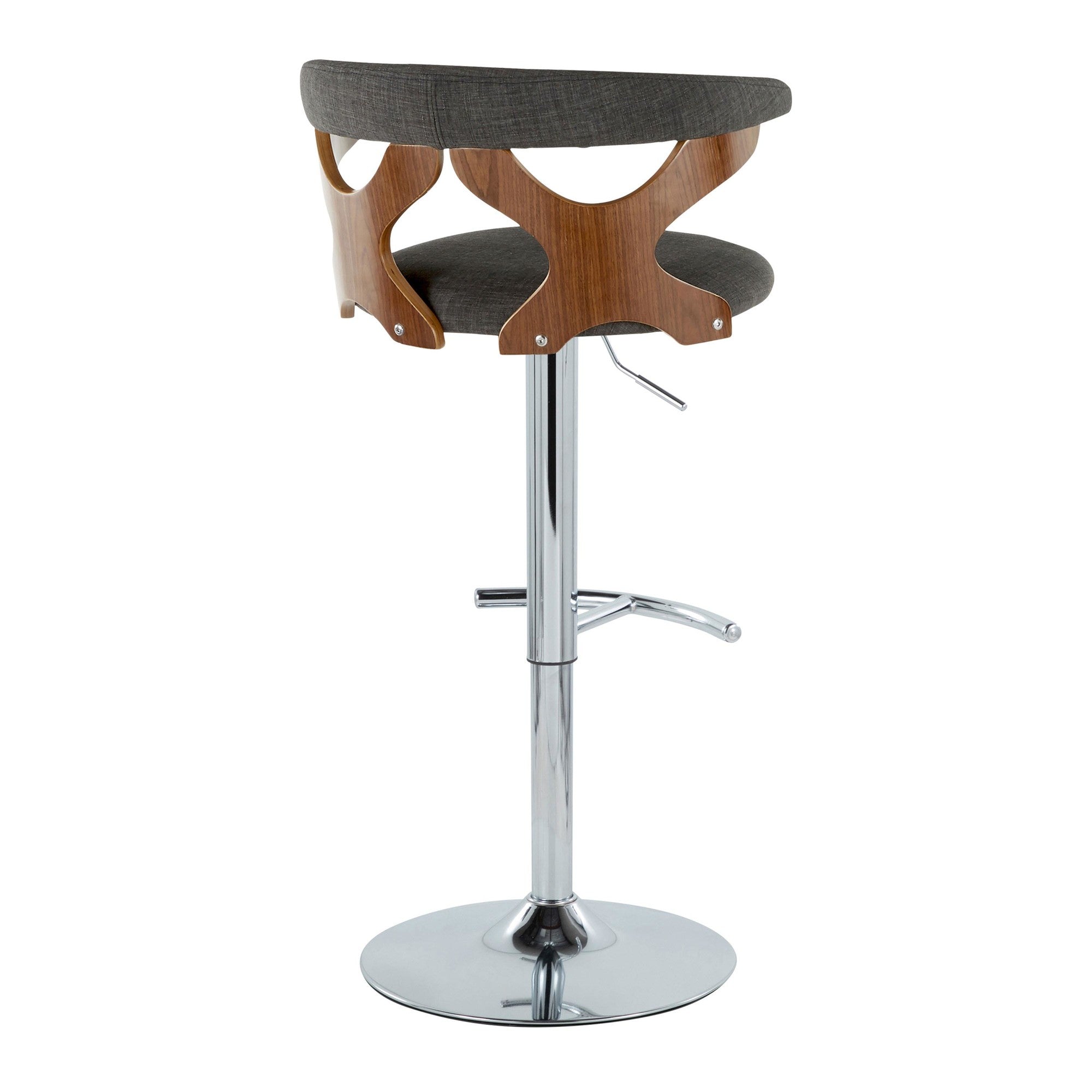 Gardenia Adjustable Barstool - Set of 2 - Chrome Metal, Walnut Wood, Charcoal Fabric