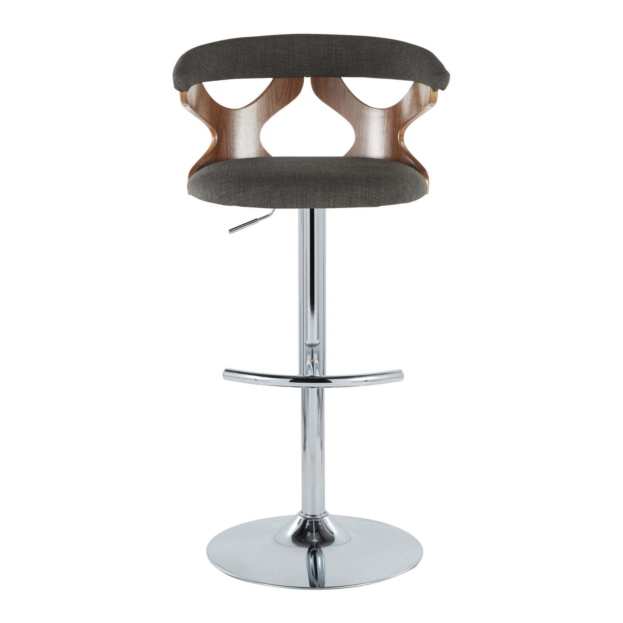 Gardenia Adjustable Barstool - Set of 2 - Chrome Metal, Walnut Wood, Charcoal Fabric