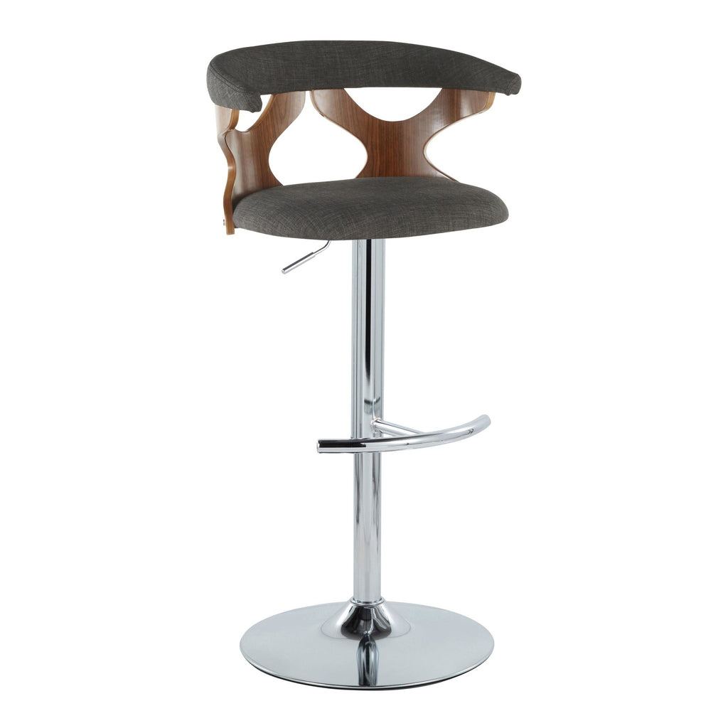 Gardenia Adjustable Barstool - Set of 2 - Chrome Metal, Walnut Wood, Charcoal Fabric