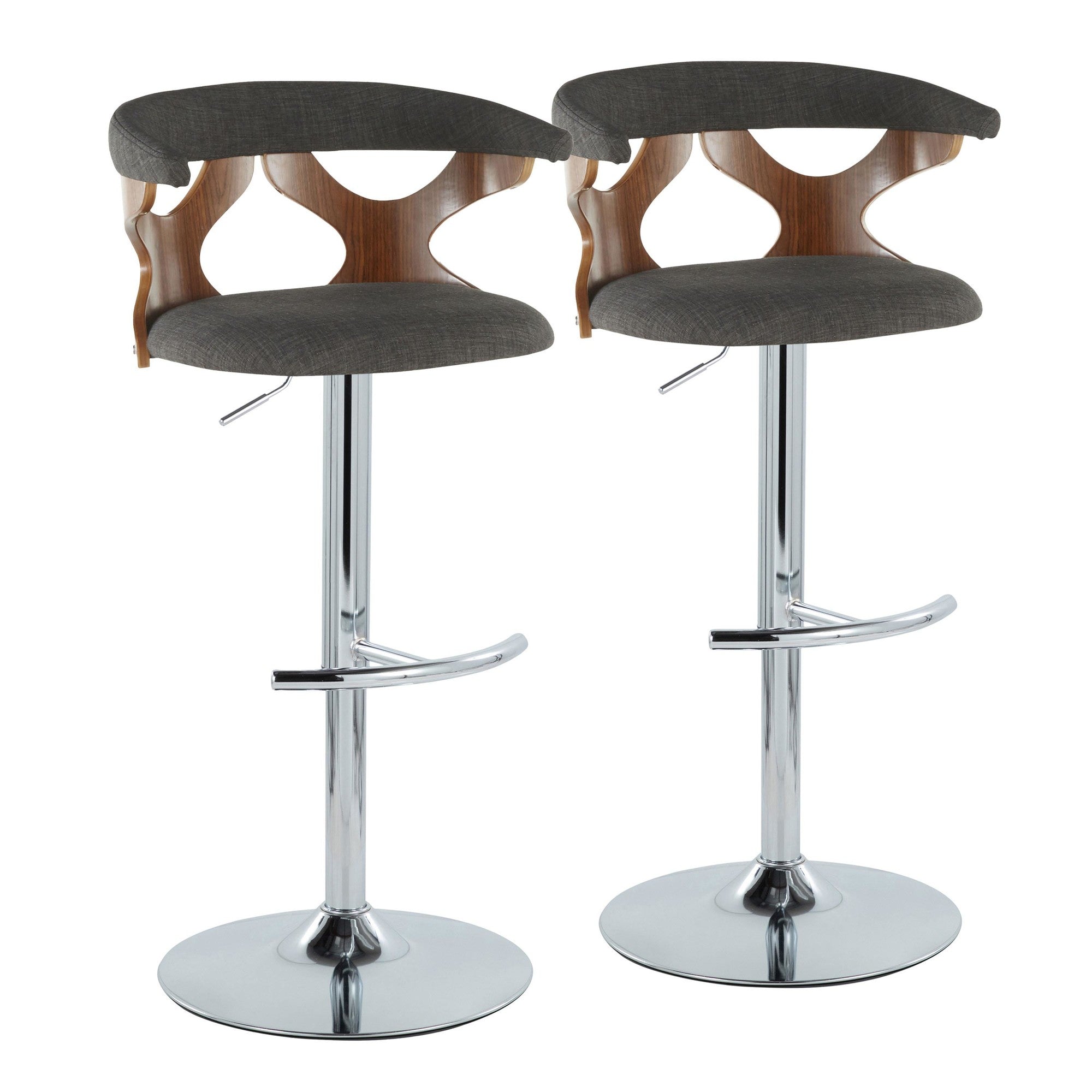 Gardenia Adjustable Barstool - Set of 2 - Chrome Metal, Walnut Wood, Charcoal Fabric