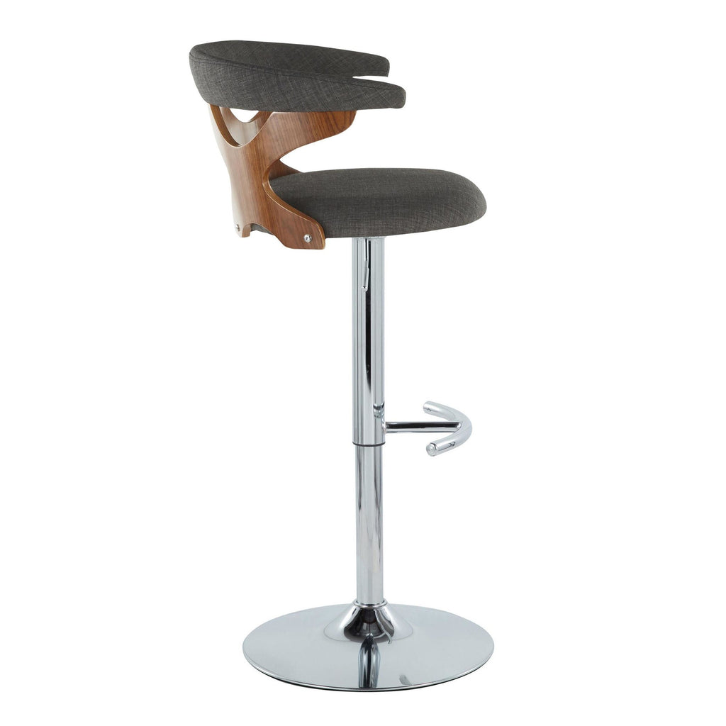 Gardenia Adjustable Barstool - Set of 2 - Chrome Metal, Walnut Wood, Charcoal Fabric