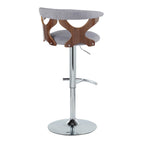 Gardenia Adjustable Barstool - Set of 2 - Chrome Metal, Walnut Wood, Light Grey Fabric