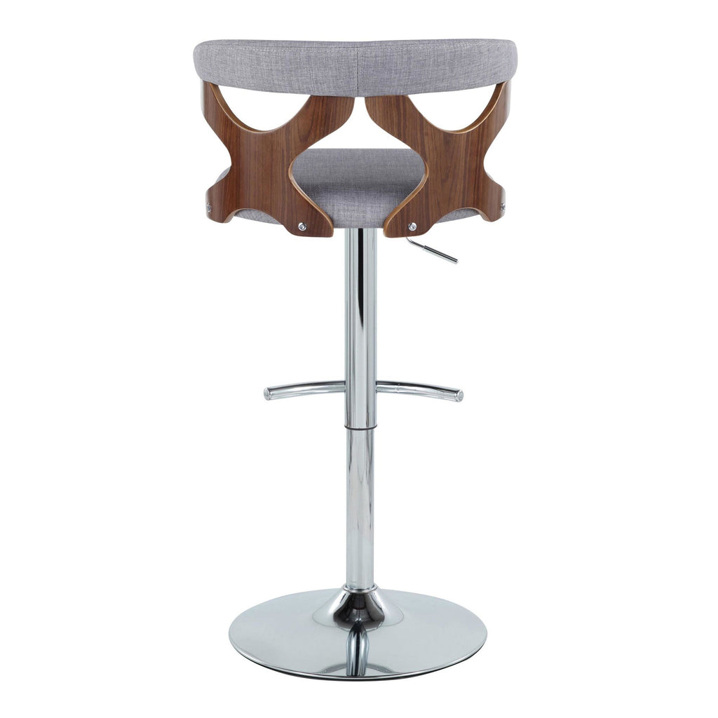 Gardenia Adjustable Barstool - Set of 2 - Chrome Metal, Walnut Wood, Light Grey Fabric