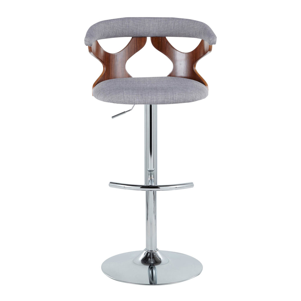 Gardenia Adjustable Barstool - Set of 2 - Chrome Metal, Walnut Wood, Light Grey Fabric