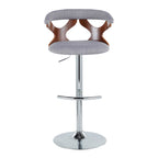 Gardenia Adjustable Barstool - Set of 2 - Chrome Metal, Walnut Wood, Light Grey Fabric