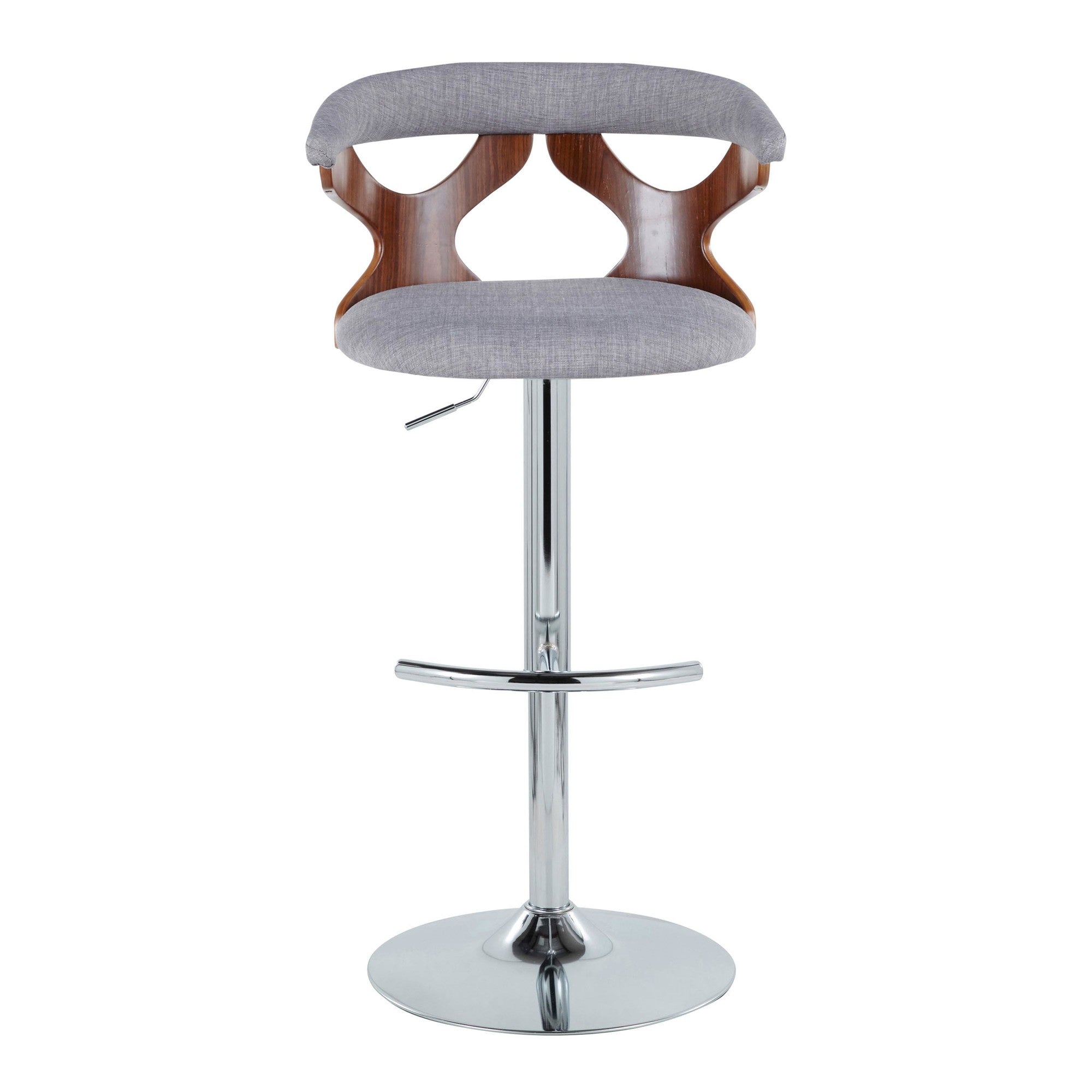 Gardenia Adjustable Barstool - Set of 2 - Chrome Metal, Walnut Wood, Light Grey Fabric