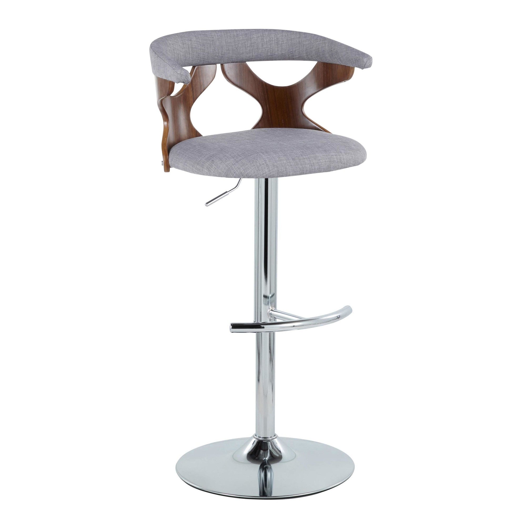 Gardenia Adjustable Barstool - Set of 2 - Chrome Metal, Walnut Wood, Light Grey Fabric