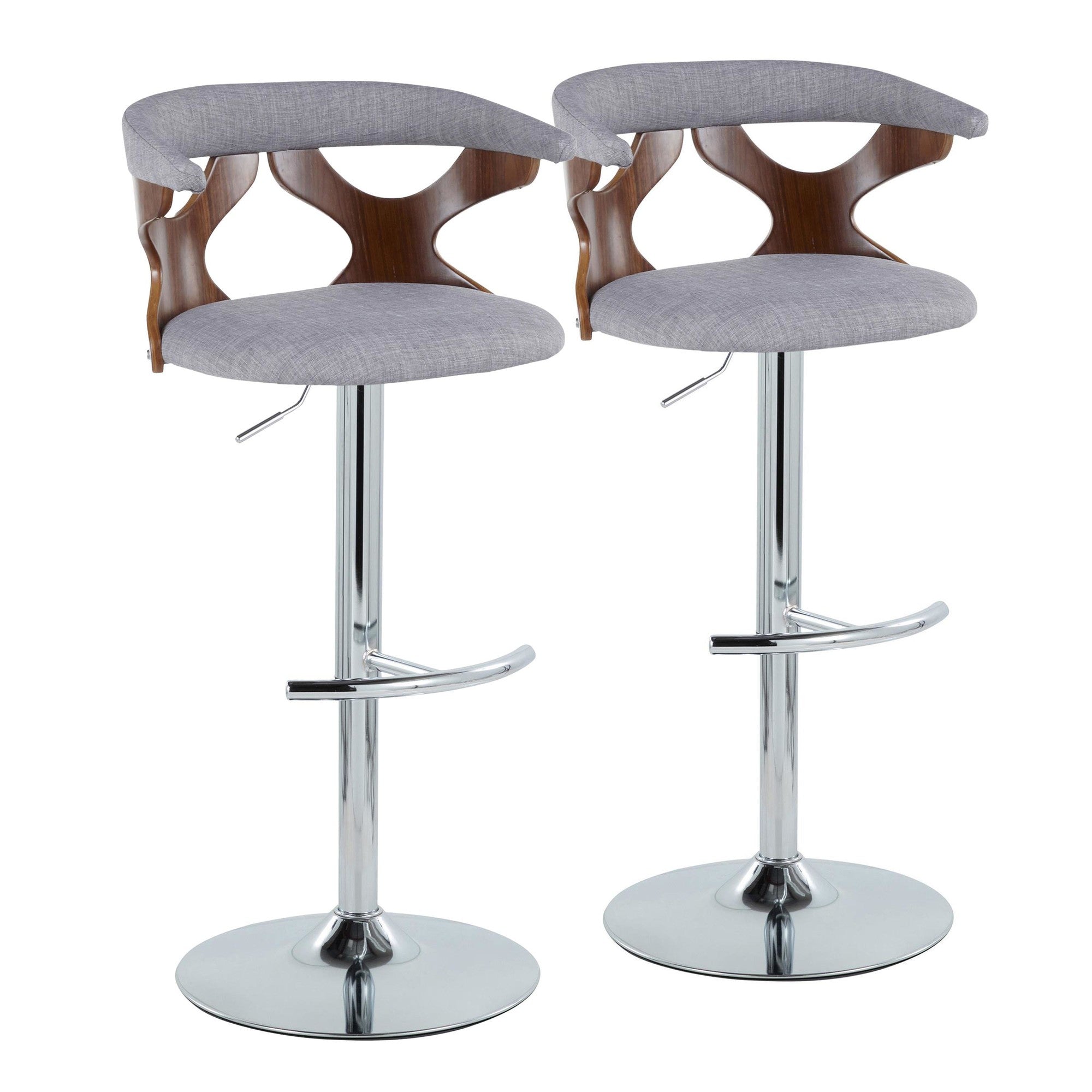Gardenia Adjustable Barstool - Set of 2 - Chrome Metal, Walnut Wood, Light Grey Fabric