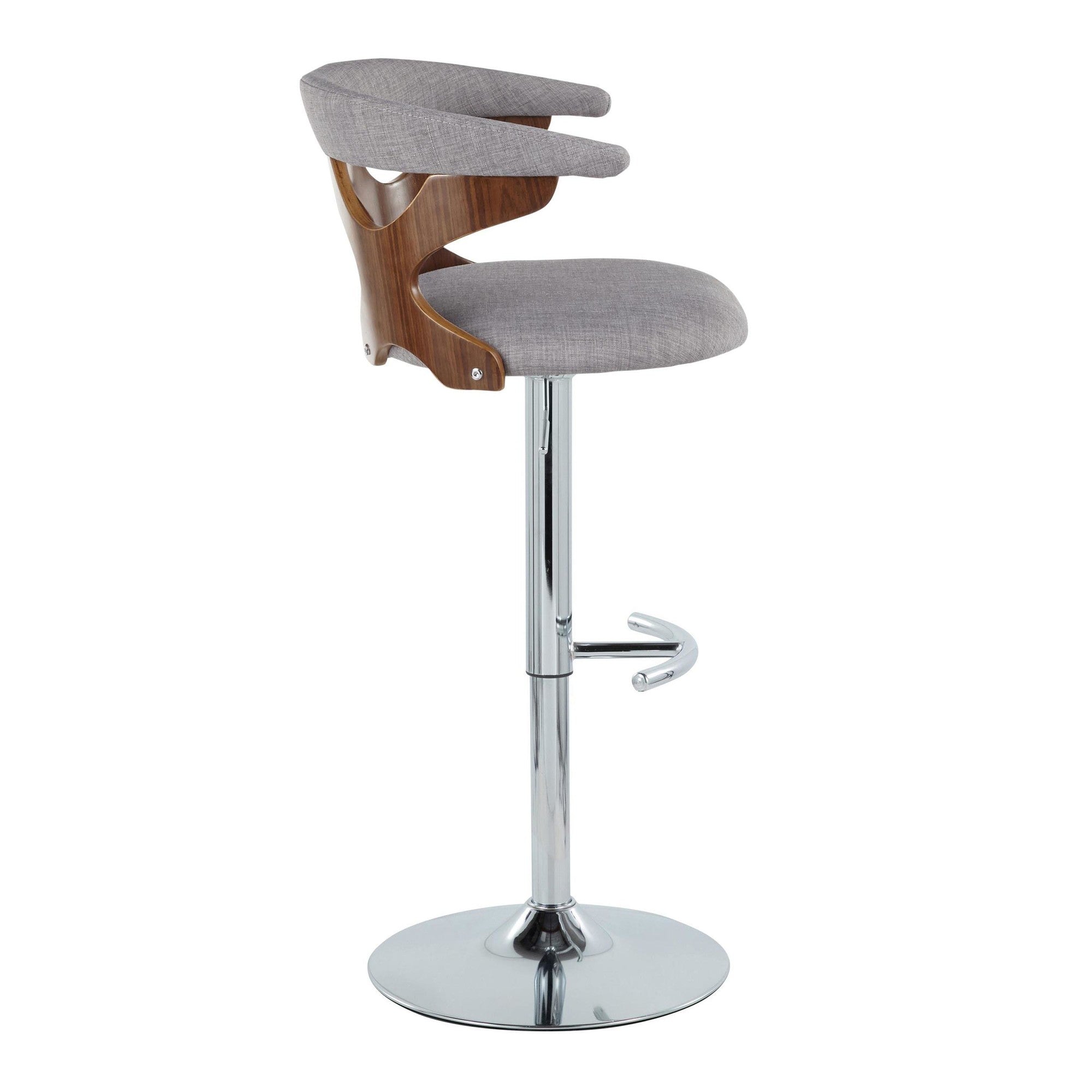 Gardenia Adjustable Barstool - Set of 2 - Chrome Metal, Walnut Wood, Light Grey Fabric