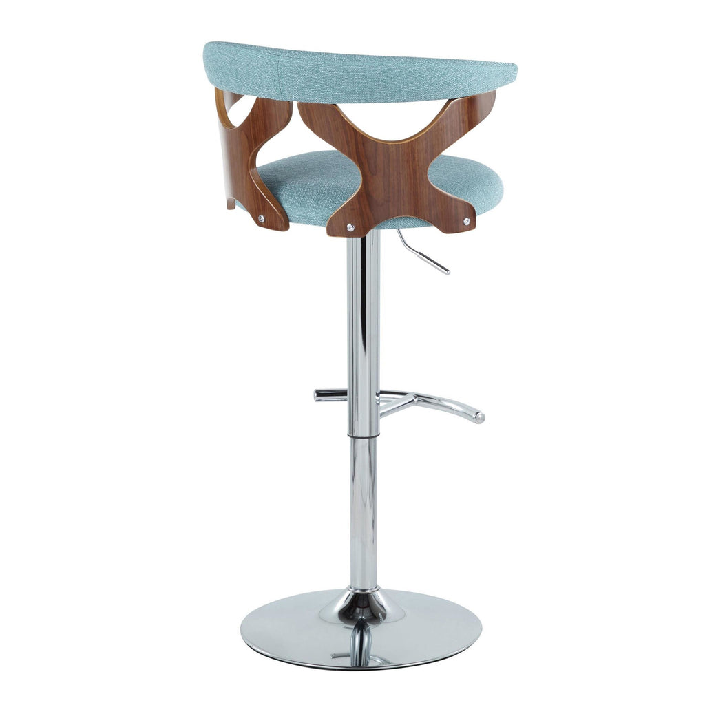 Gardenia Adjustable Barstool - Set of 2 - Chrome Metal, Walnut Wood, Teal Fabric