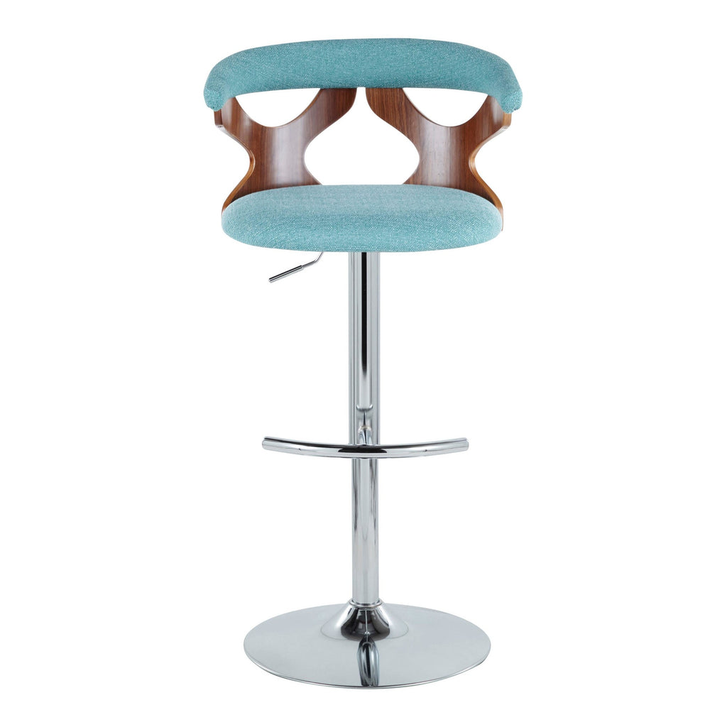 Gardenia Adjustable Barstool - Set of 2 - Chrome Metal, Walnut Wood, Teal Fabric