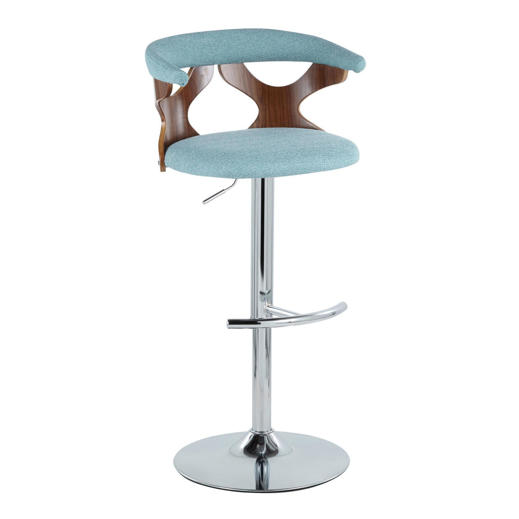 Gardenia Adjustable Barstool - Set of 2 - Chrome Metal, Walnut Wood, Teal Fabric