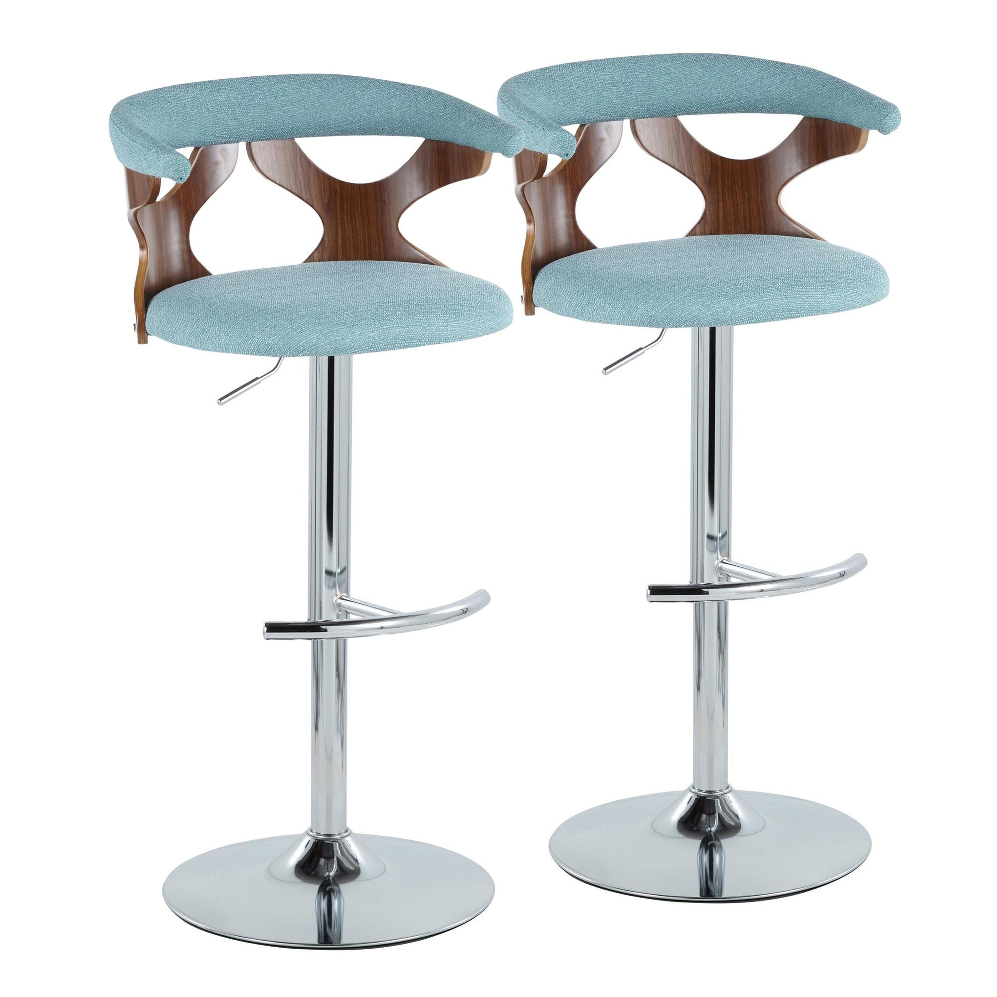 Gardenia Adjustable Barstool - Set of 2 - Chrome Metal, Walnut Wood, Teal Fabric