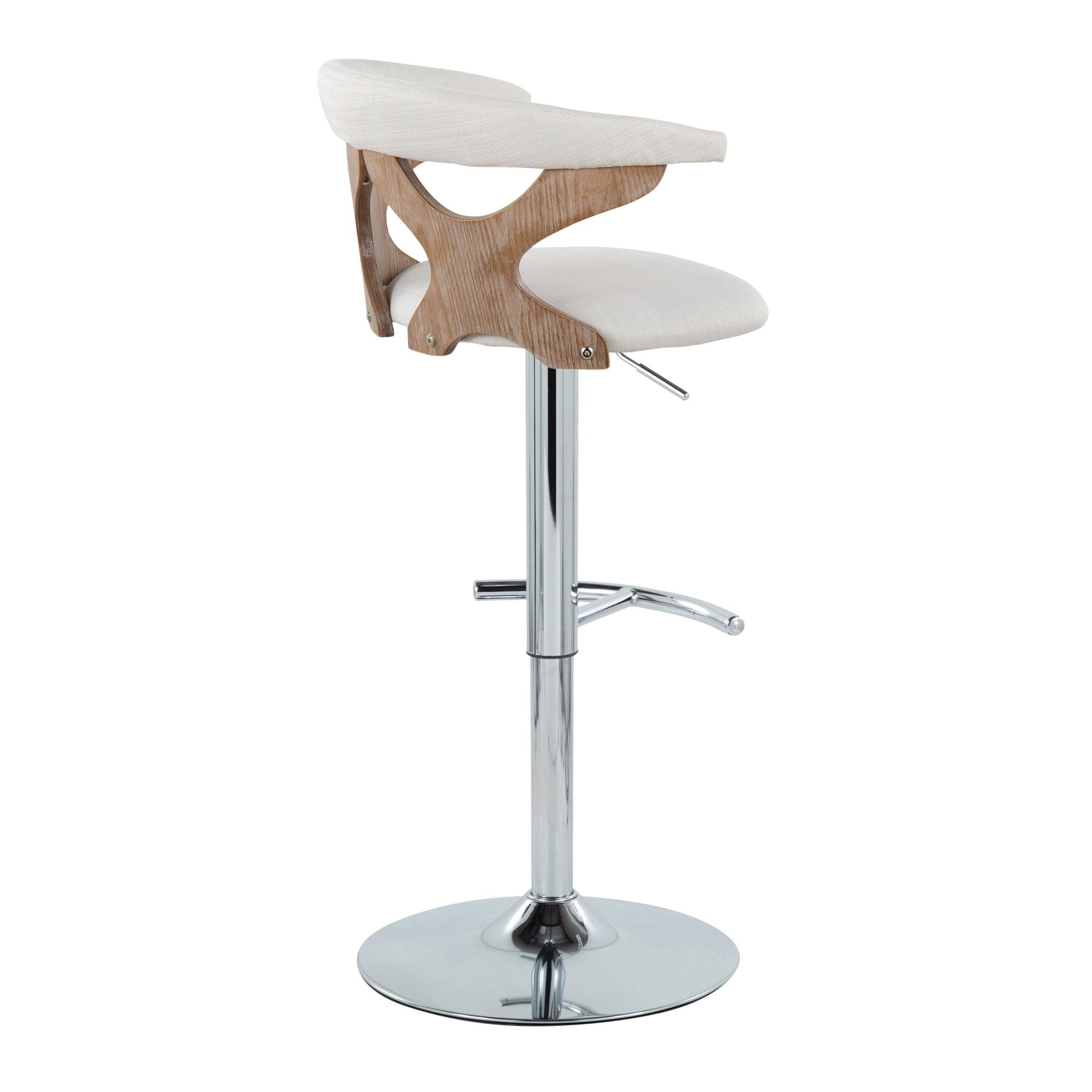 Gardenia Adjustable Barstool - Set of 2 - Chrome Metal, Whitewashed Wood, Cream Fabric