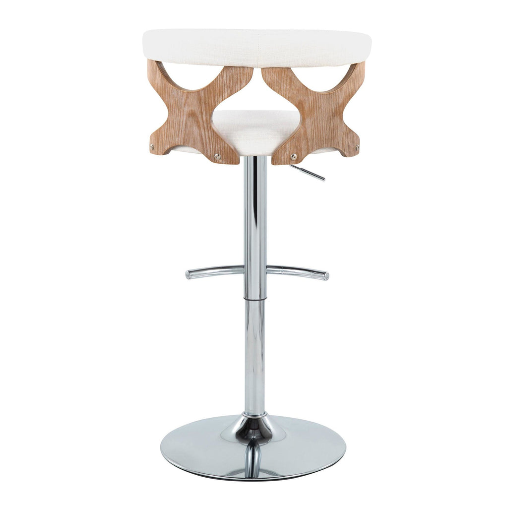 Gardenia Adjustable Barstool - Set of 2 - Chrome Metal, Whitewashed Wood, Cream Fabric