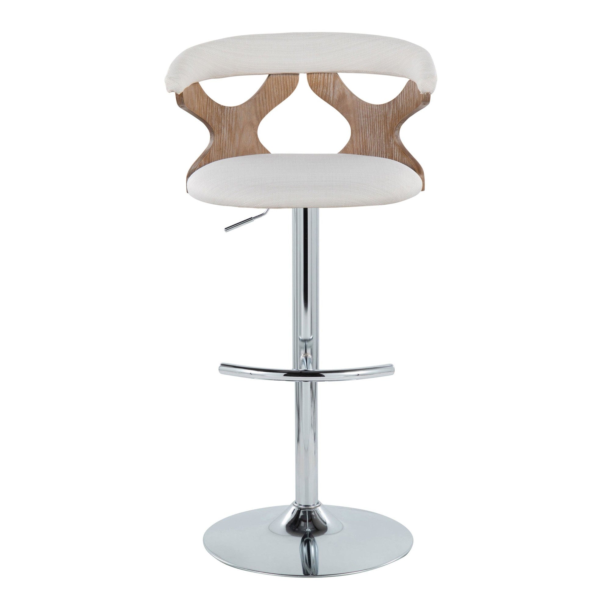 Gardenia Adjustable Barstool - Set of 2 - Chrome Metal, Whitewashed Wood, Cream Fabric