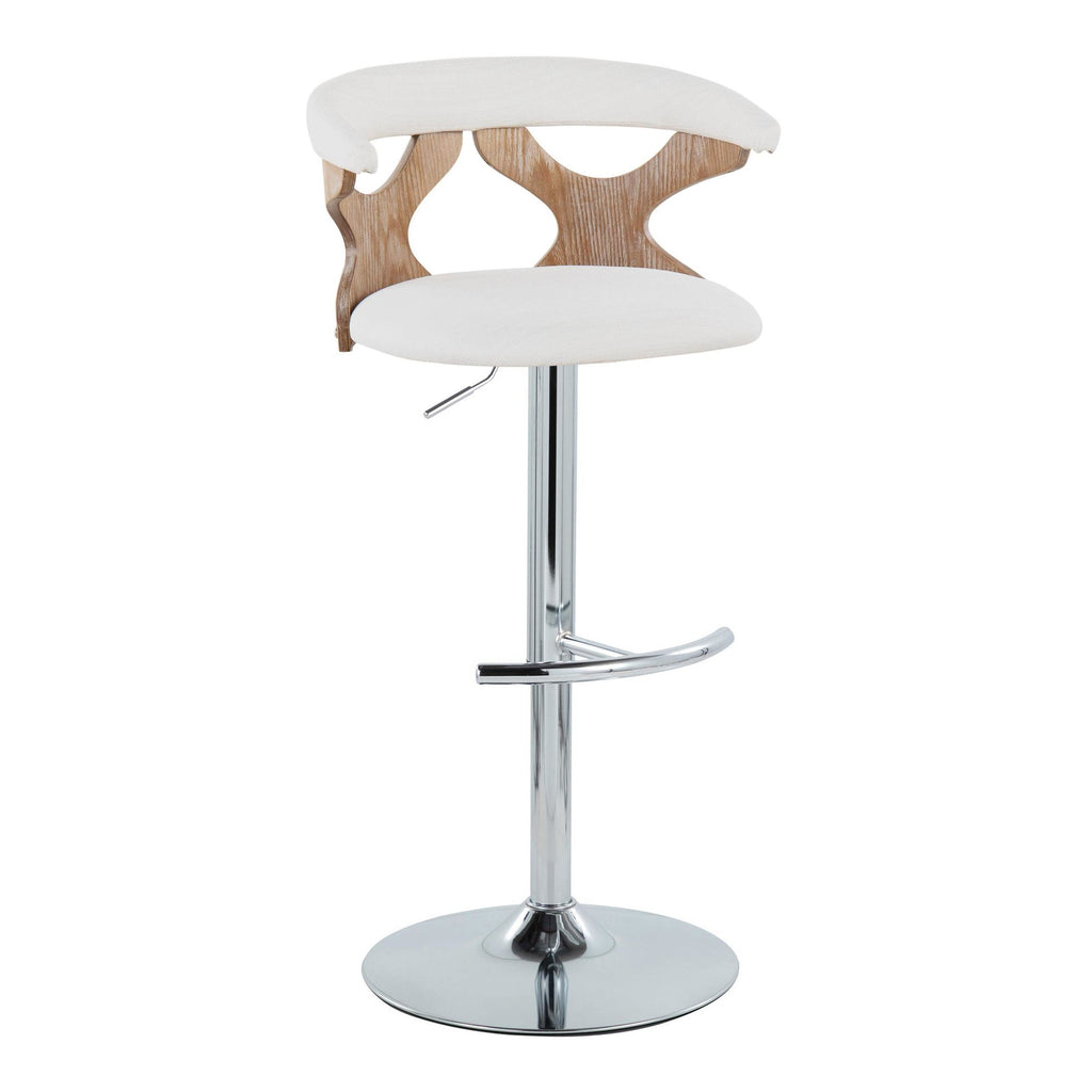 Gardenia Adjustable Barstool - Set of 2 - Chrome Metal, Whitewashed Wood, Cream Fabric