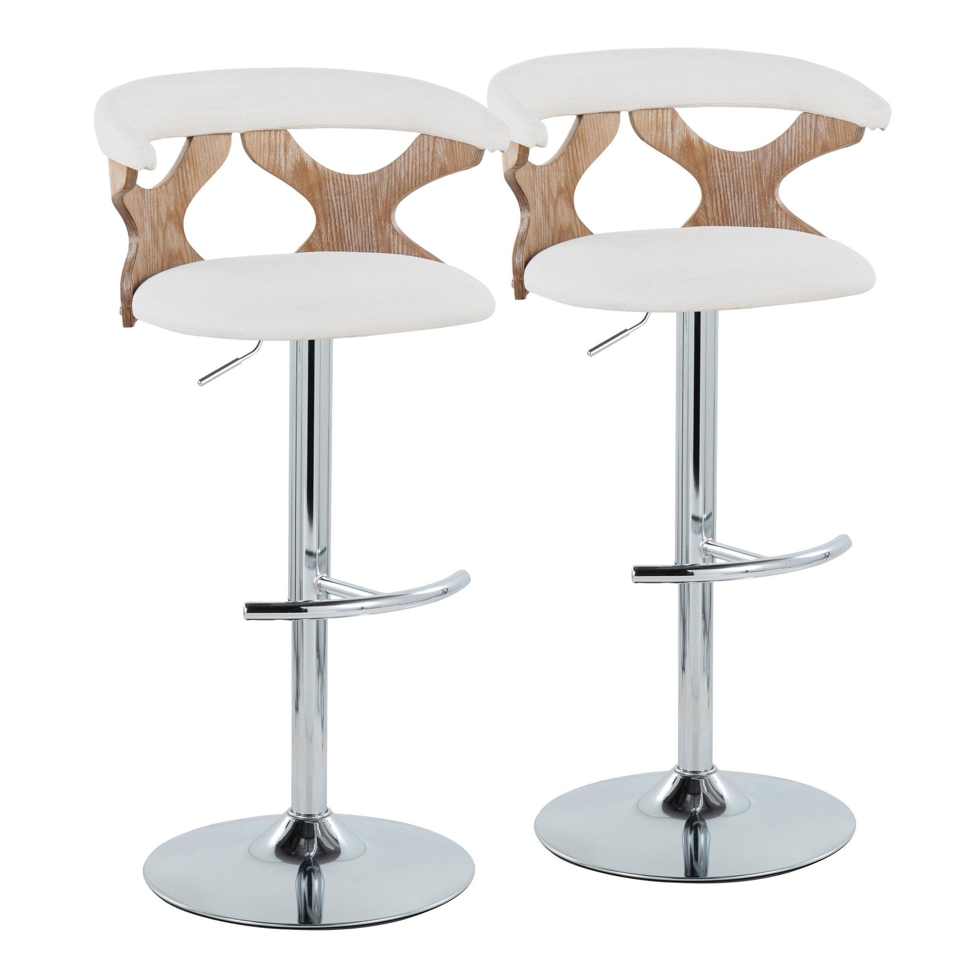 Gardenia Adjustable Barstool - Set of 2 - Chrome Metal, Whitewashed Wood, Cream Fabric