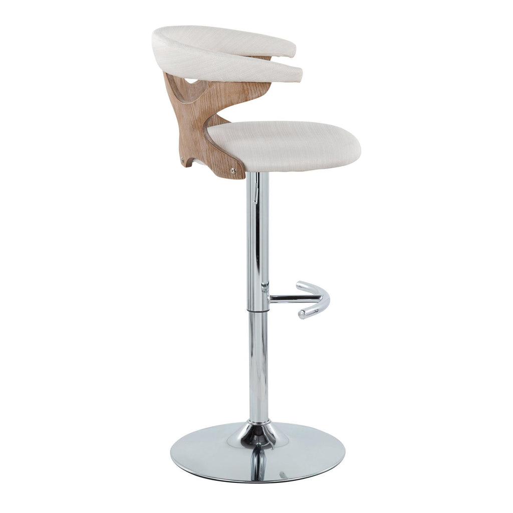 Gardenia Adjustable Barstool - Set of 2 - Chrome Metal, Whitewashed Wood, Cream Fabric