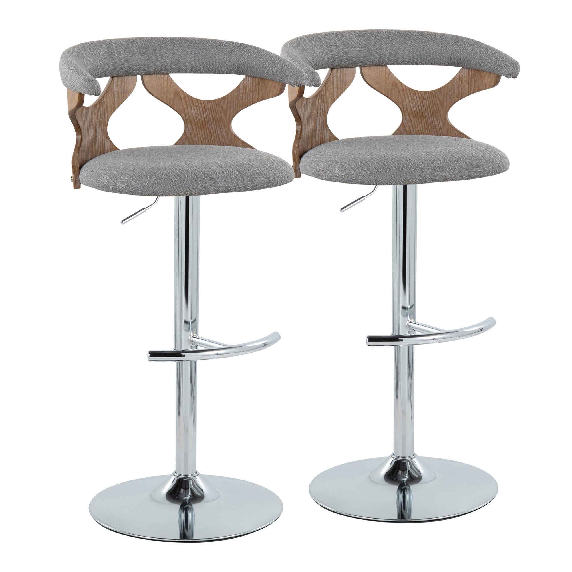 Gardenia Adjustable Barstool - Set of 2 - Chrome Metal, Whitewashed Wood, Oat Fabric