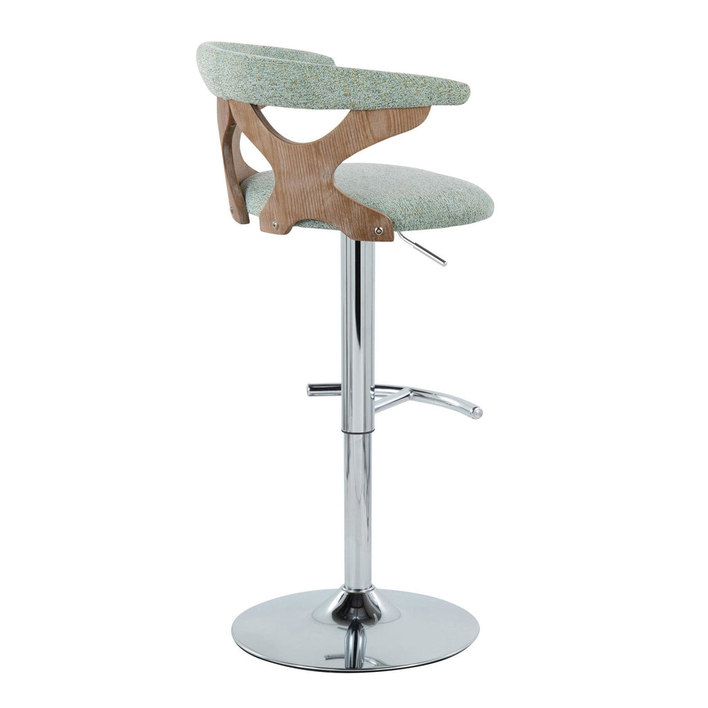 Gardenia Adjustable Barstool - Set of 2 - Chrome Metal, Whitewashed Wood, Seafoam Green Fabric