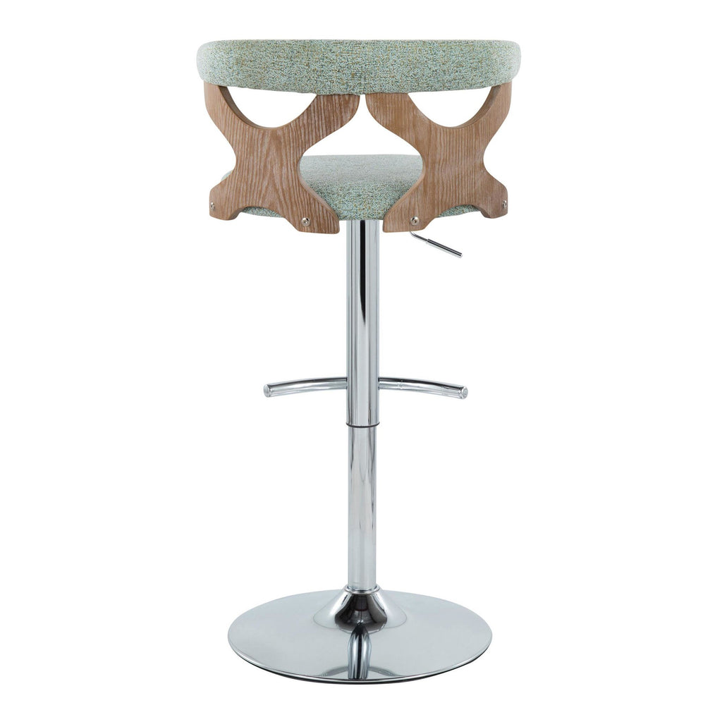 Gardenia Adjustable Barstool - Set of 2 - Chrome Metal, Whitewashed Wood, Seafoam Green Fabric