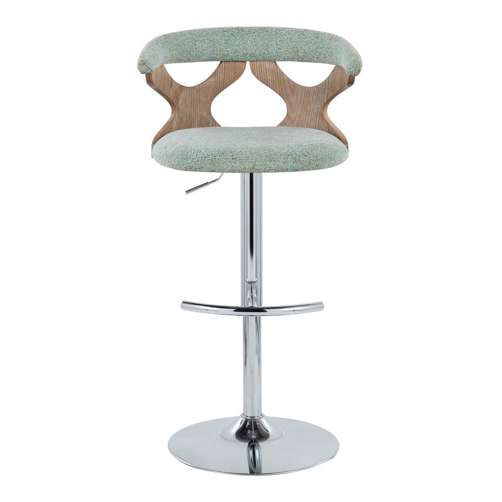 Gardenia Adjustable Barstool - Set of 2 - Chrome Metal, Whitewashed Wood, Seafoam Green Fabric