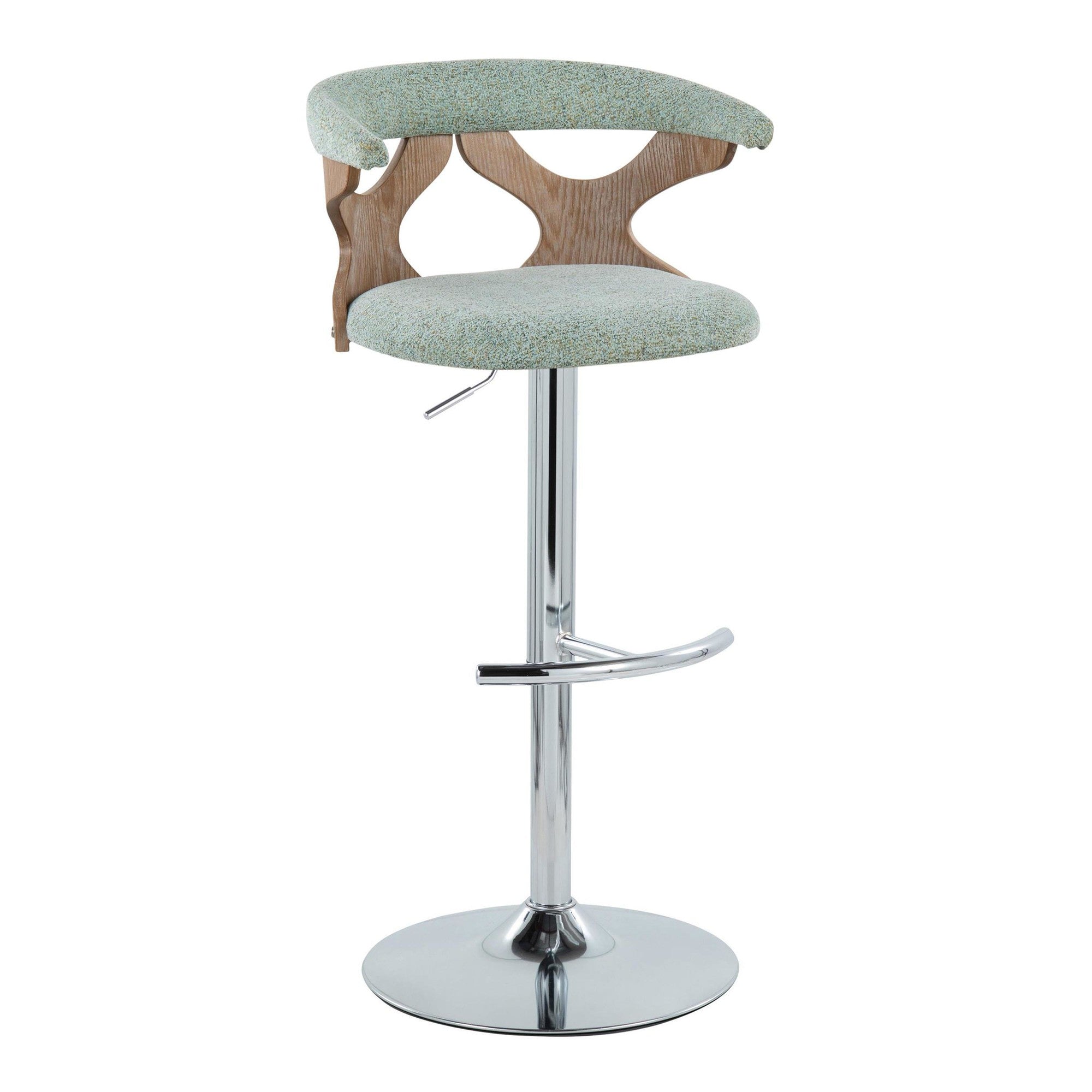 Gardenia Adjustable Barstool - Set of 2 - Chrome Metal, Whitewashed Wood, Seafoam Green Fabric