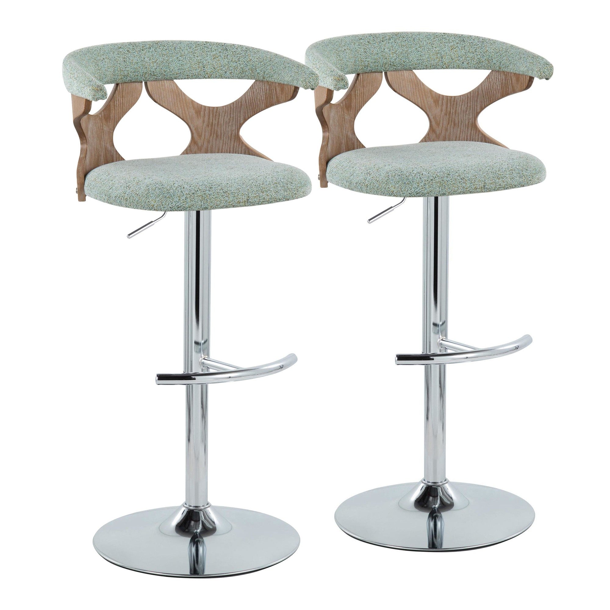 Gardenia Adjustable Barstool - Set of 2 - Chrome Metal, Whitewashed Wood, Seafoam Green Fabric