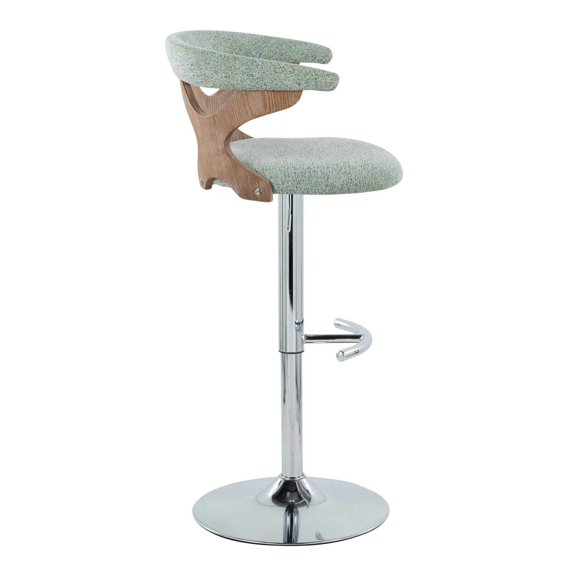 Gardenia Adjustable Barstool - Set of 2 - Chrome Metal, Whitewashed Wood, Seafoam Green Fabric