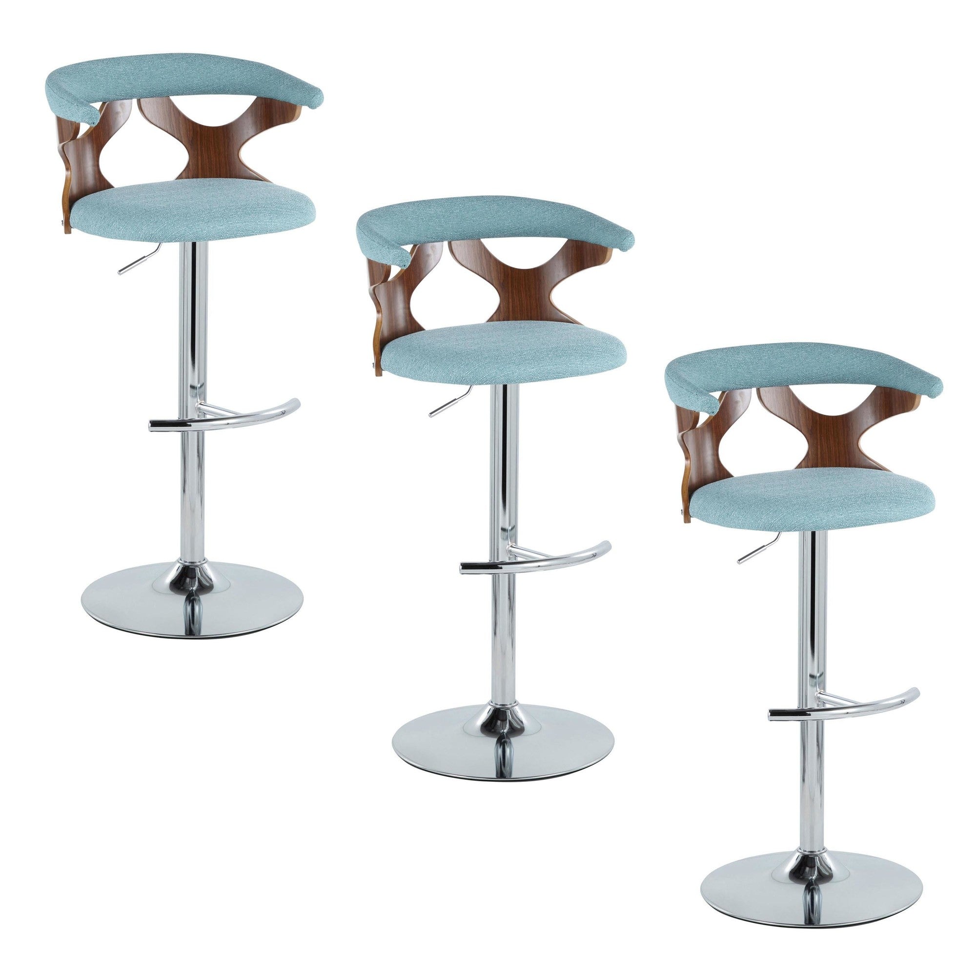 Gardenia Adjustable Barstool - Set of 3 - Chrome Metal, Walnut Wood, Teal Fabric