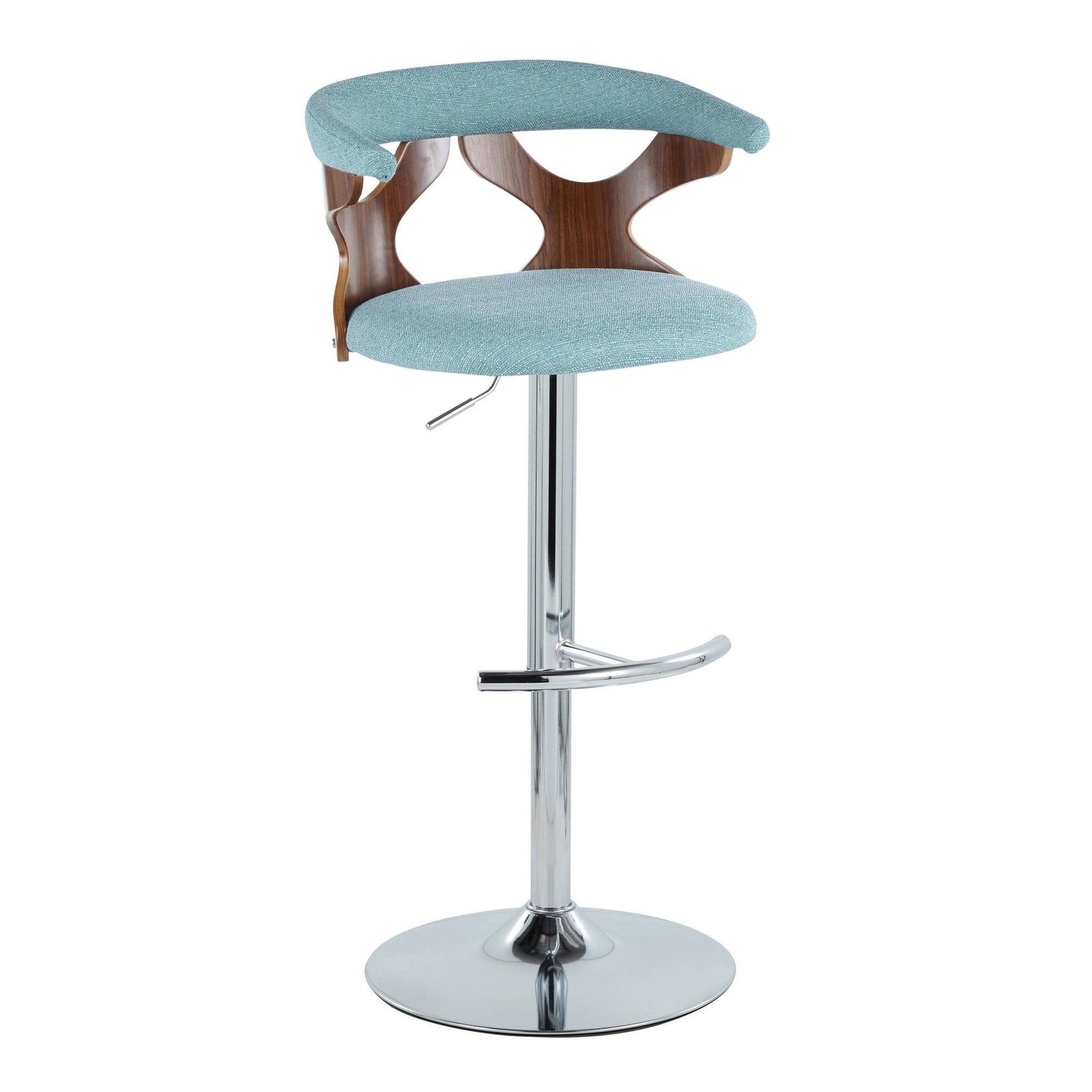 Gardenia Adjustable Barstool - Set of 3 - Chrome Metal, Walnut Wood, Teal Fabric