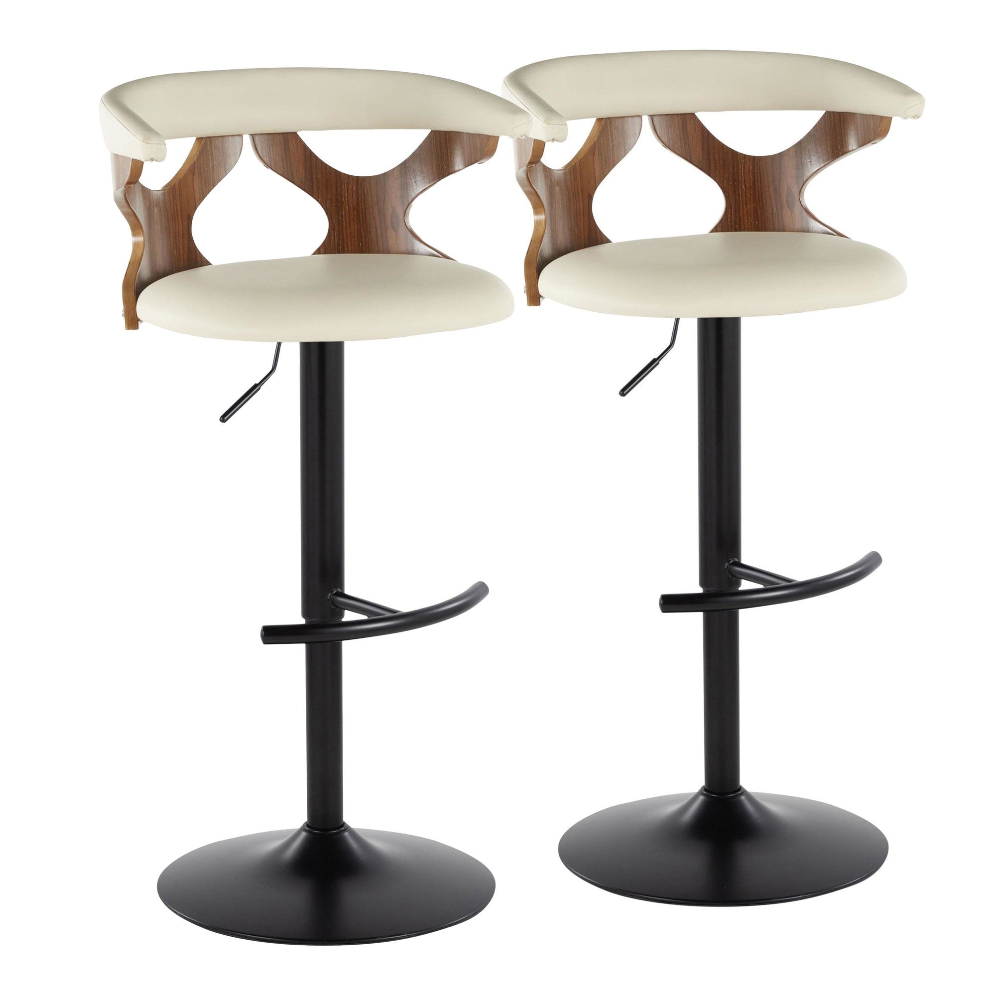 Gardenia Adjustable Barstool - Set of 2 - Black Metal, Walnut Wood, Cream PU
