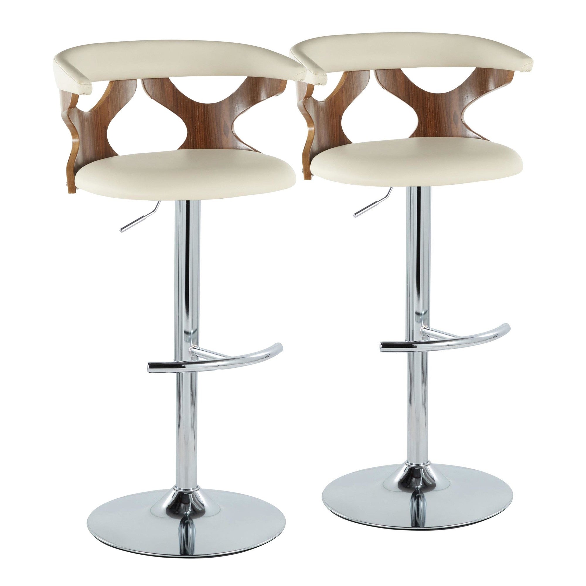 Gardenia Adjustable Barstool - Set of 2 - Chrome Metal, Walnut Wood, Cream PU