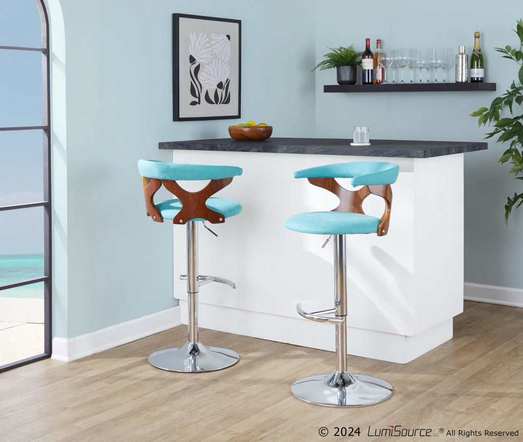 Gardenia Adjustable Barstool - Chrome Metal, Walnut Wood, Teal Fabric