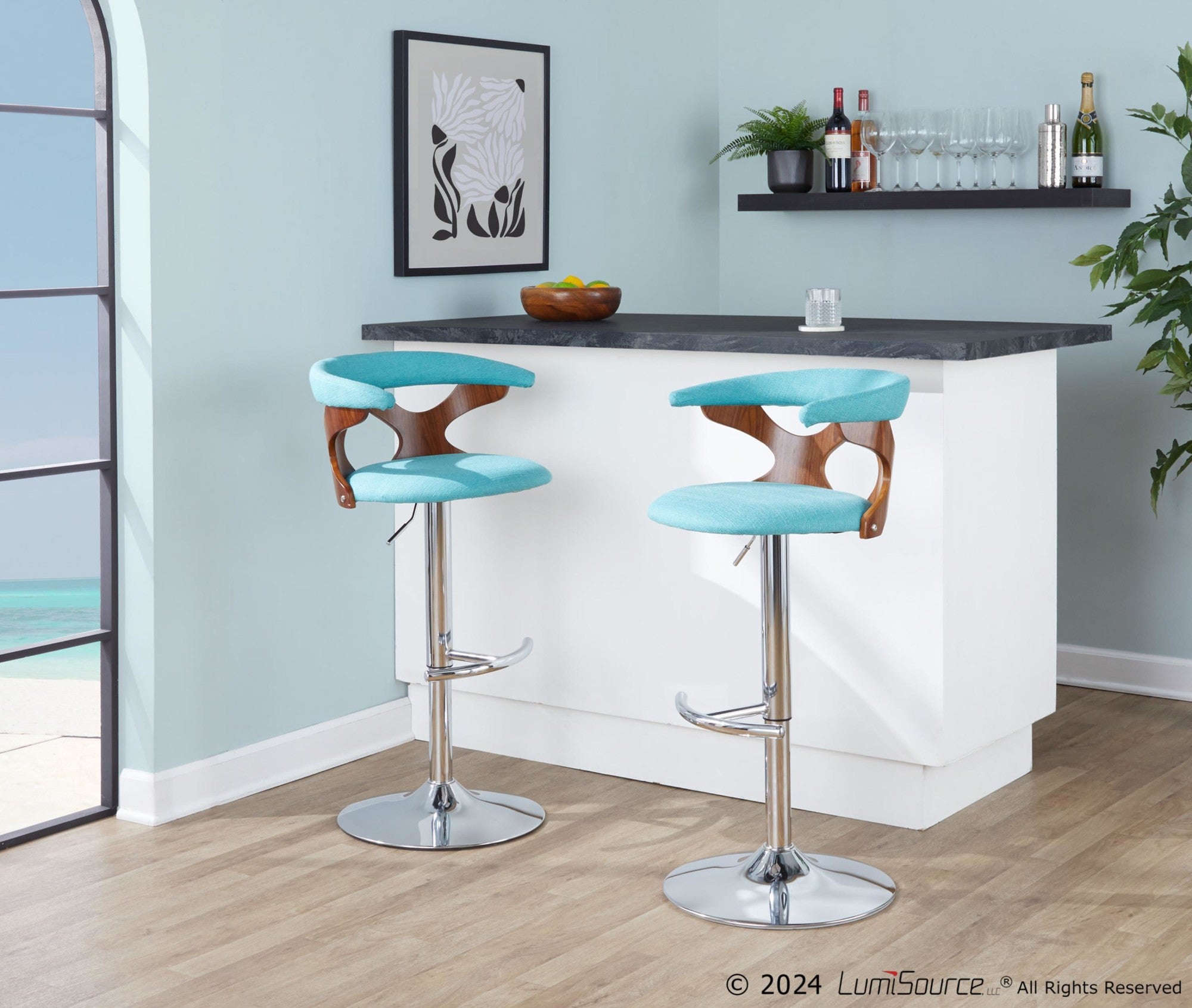 Gardenia Adjustable Barstool - Chrome Metal, Walnut Wood, Teal Fabric