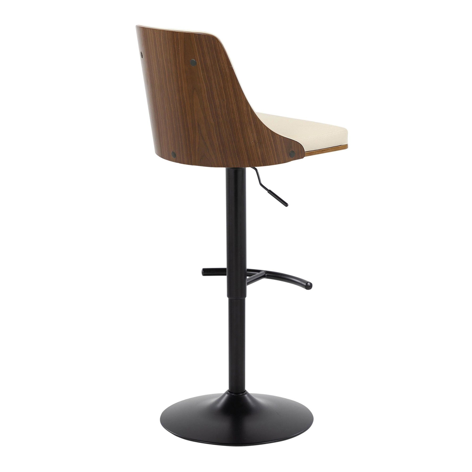 Gianna Adjustable Barstool - Set of 2 - Black Metal, Walnut Wood, Cream PU
