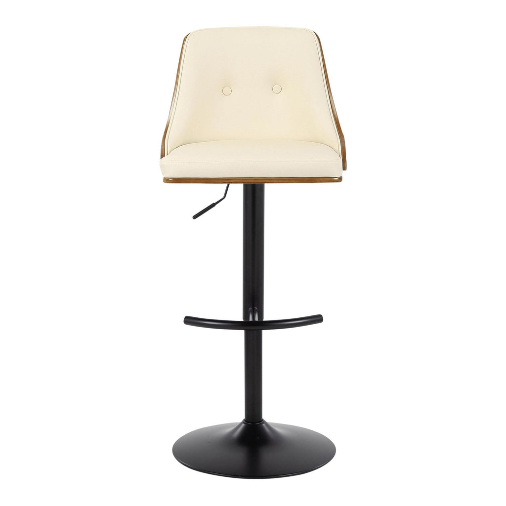 Gianna Adjustable Barstool - Set of 2 - Black Metal, Walnut Wood, Cream PU