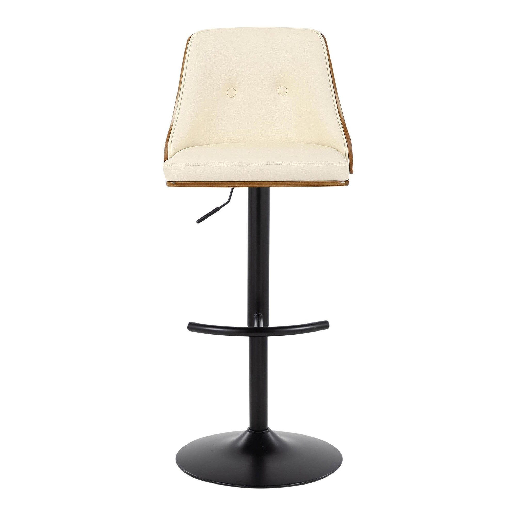 Gianna Adjustable Barstool - Set of 2 - Black Metal, Walnut Wood, Cream PU