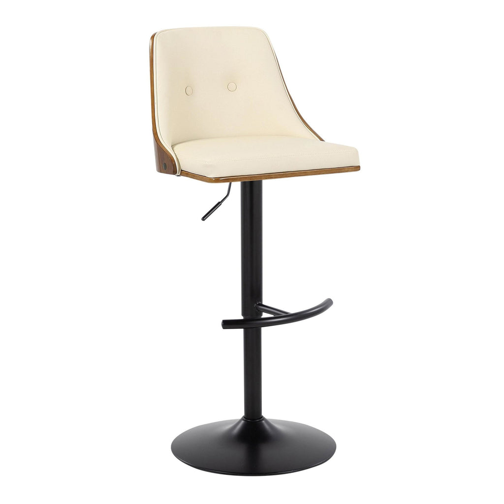 Gianna Adjustable Barstool - Set of 2 - Black Metal, Walnut Wood, Cream PU