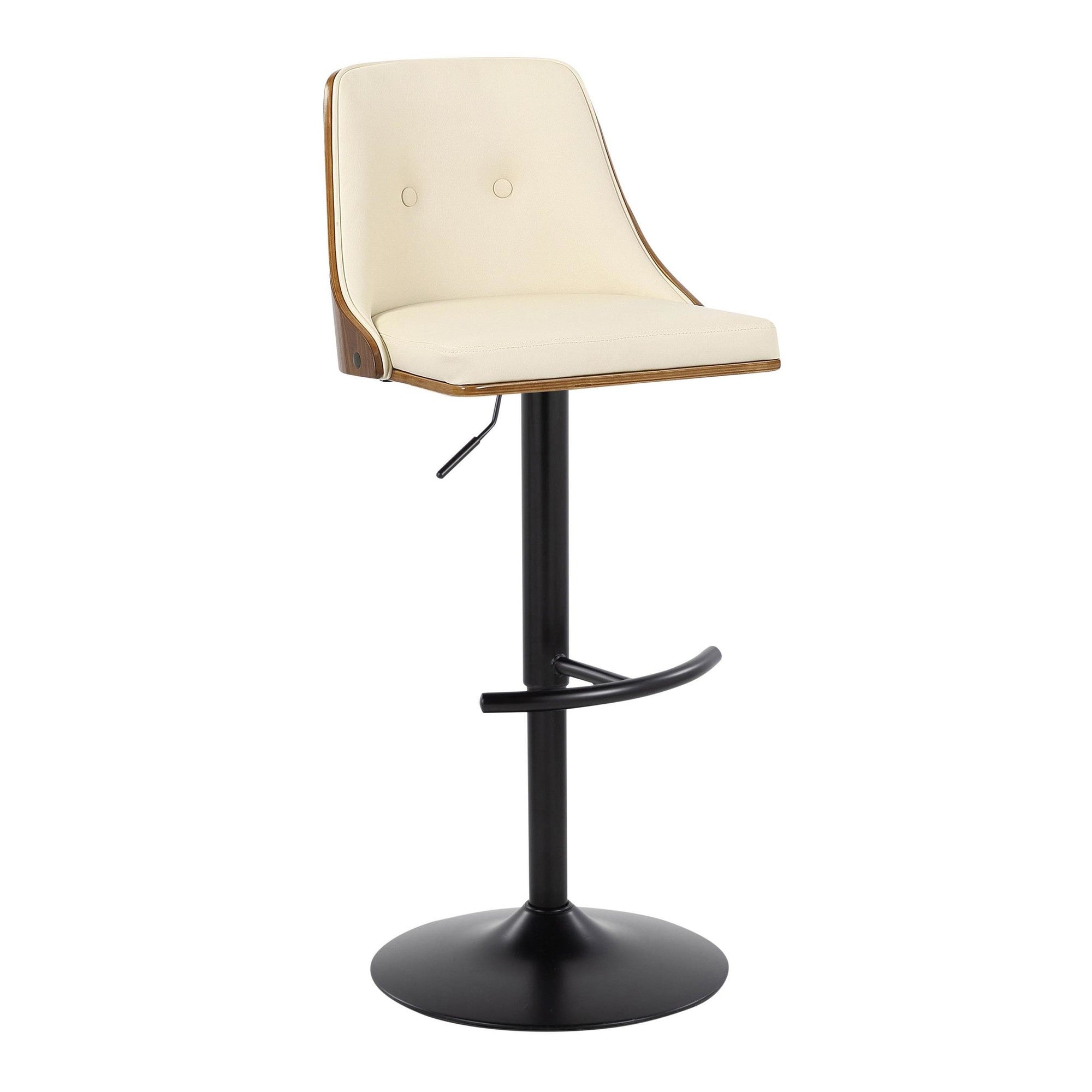 Gianna Adjustable Barstool - Set of 2 - Black Metal, Walnut Wood, Cream PU