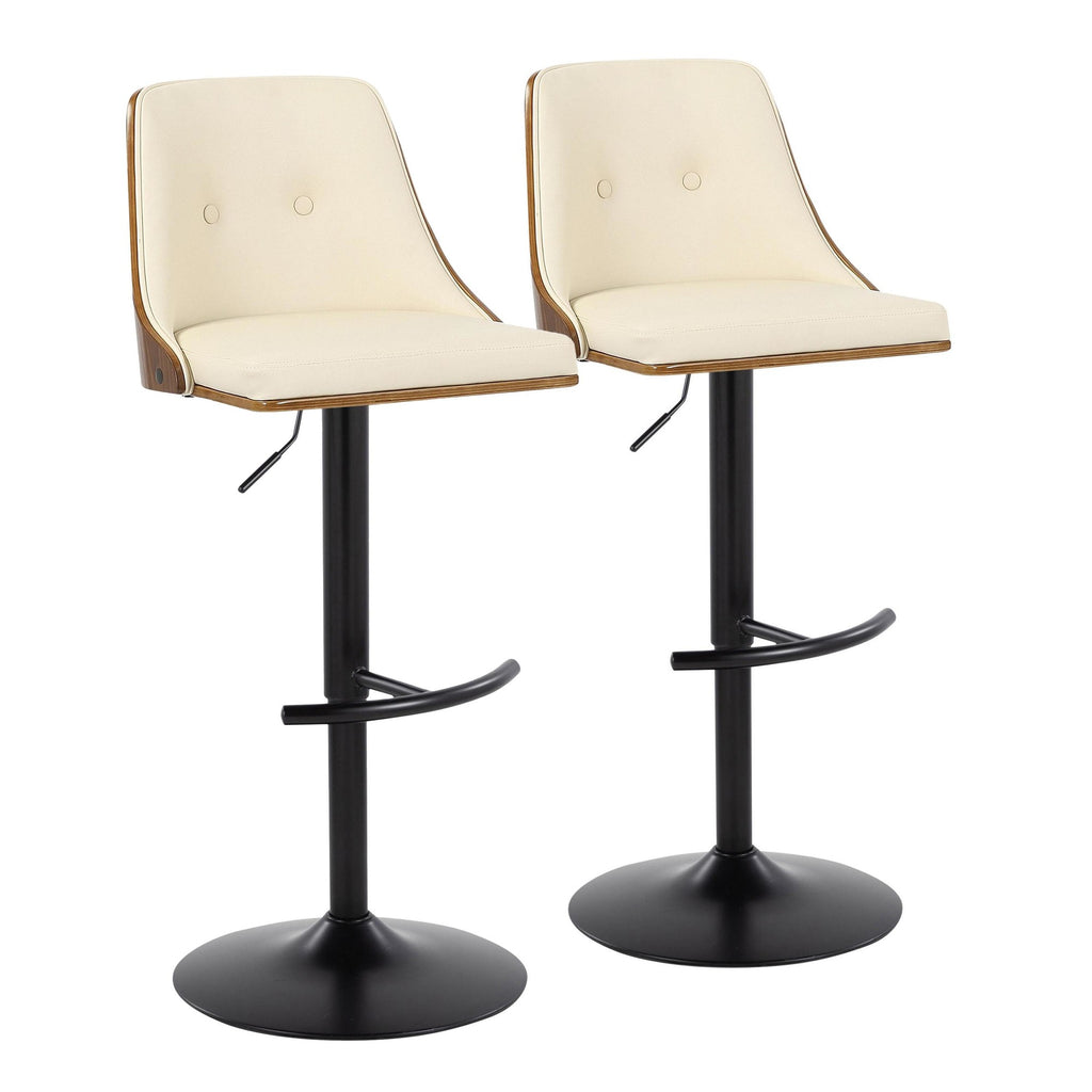 Gianna Adjustable Barstool - Set of 2 - Black Metal, Walnut Wood, Cream PU
