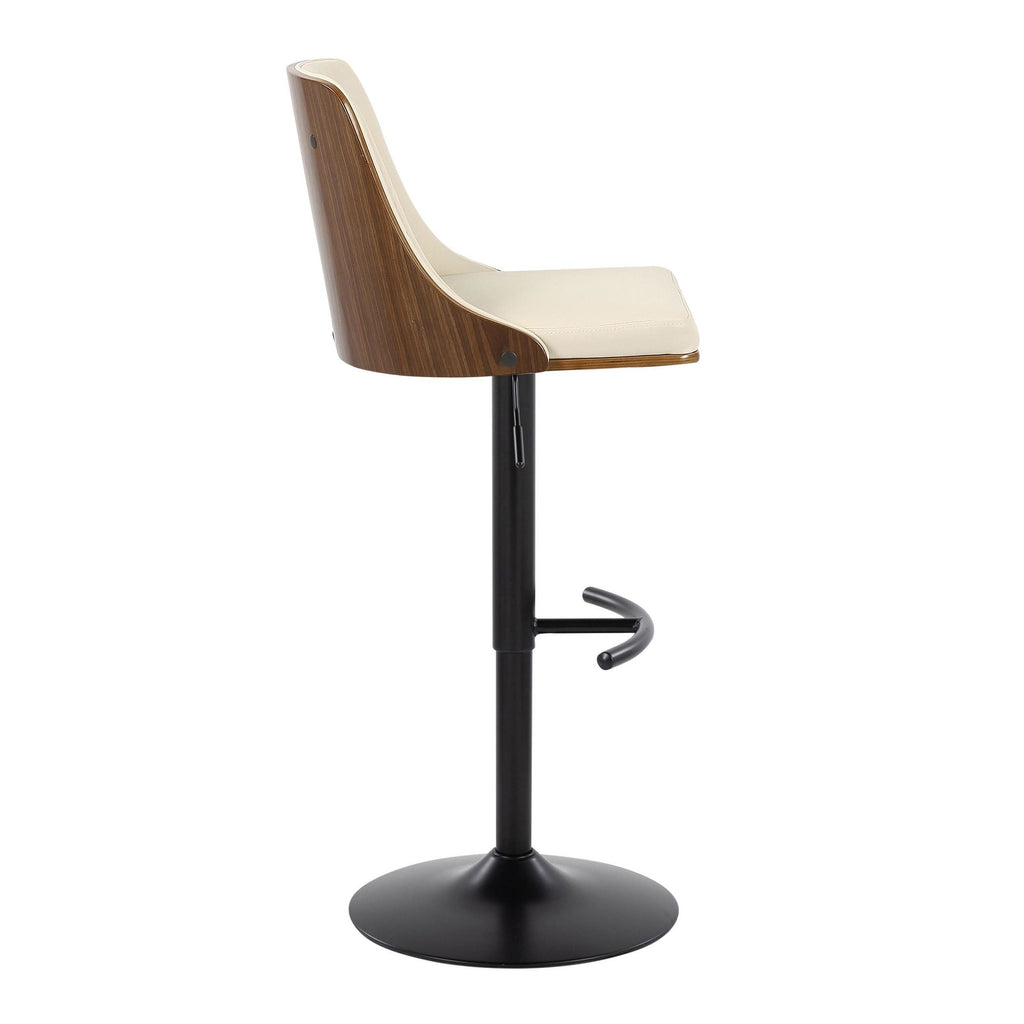 Gianna Adjustable Barstool - Set of 2 - Black Metal, Walnut Wood, Cream PU