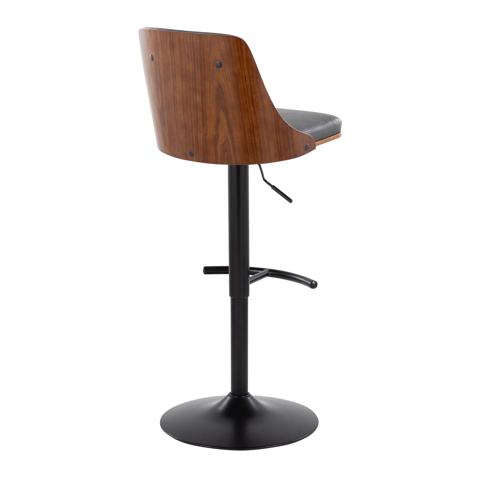 Gianna Adjustable Barstool - Set of 2 - Matte Black Metal, Walnut Wood, Grey PU