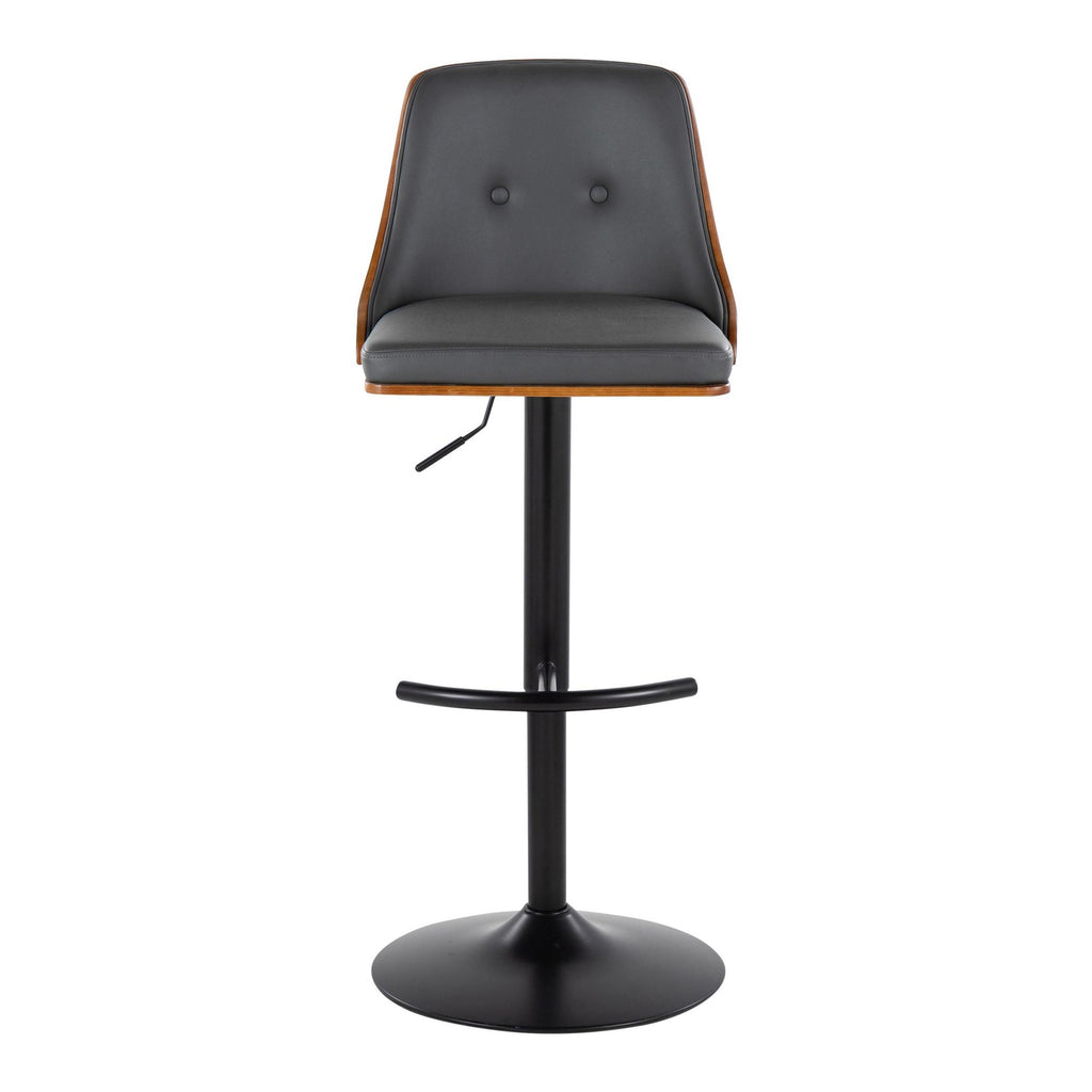Gianna Adjustable Barstool - Set of 2 - Matte Black Metal, Walnut Wood, Grey PU