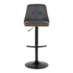 Gianna Adjustable Barstool - Set of 2 - Matte Black Metal, Walnut Wood, Grey PU
