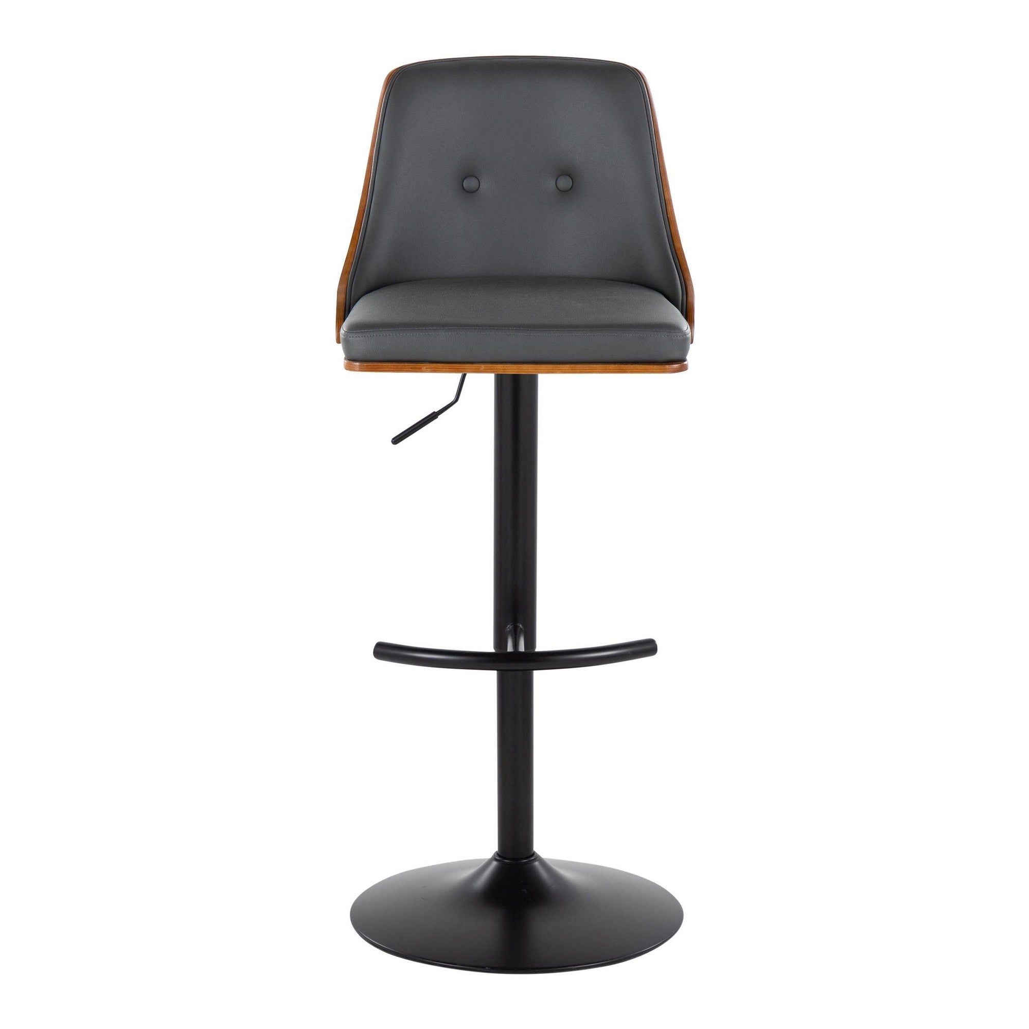 Gianna Adjustable Barstool - Set of 2 - Matte Black Metal, Walnut Wood, Grey PU