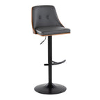 Gianna Adjustable Barstool - Set of 2 - Matte Black Metal, Walnut Wood, Grey PU