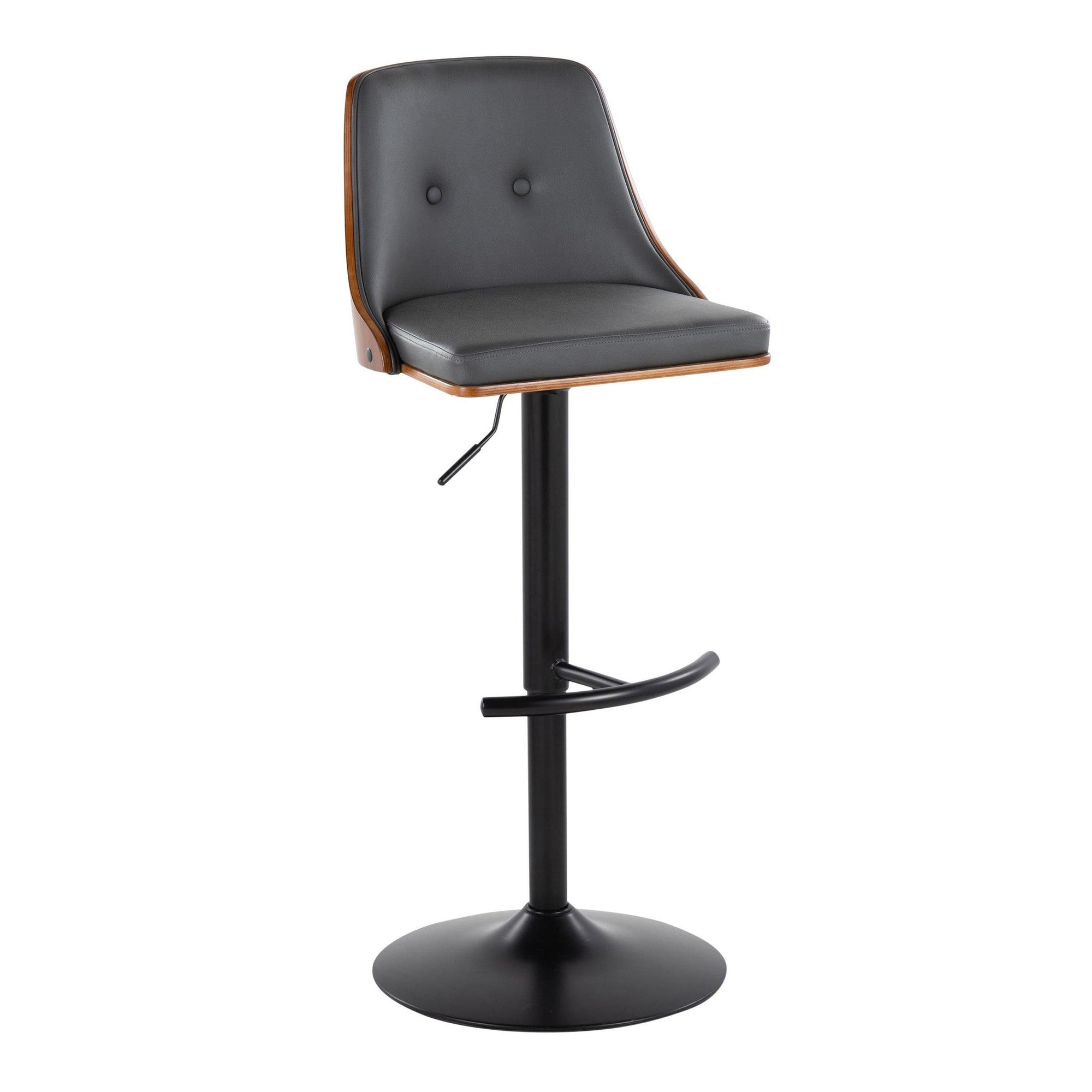 Gianna Adjustable Barstool - Set of 2 - Matte Black Metal, Walnut Wood, Grey PU