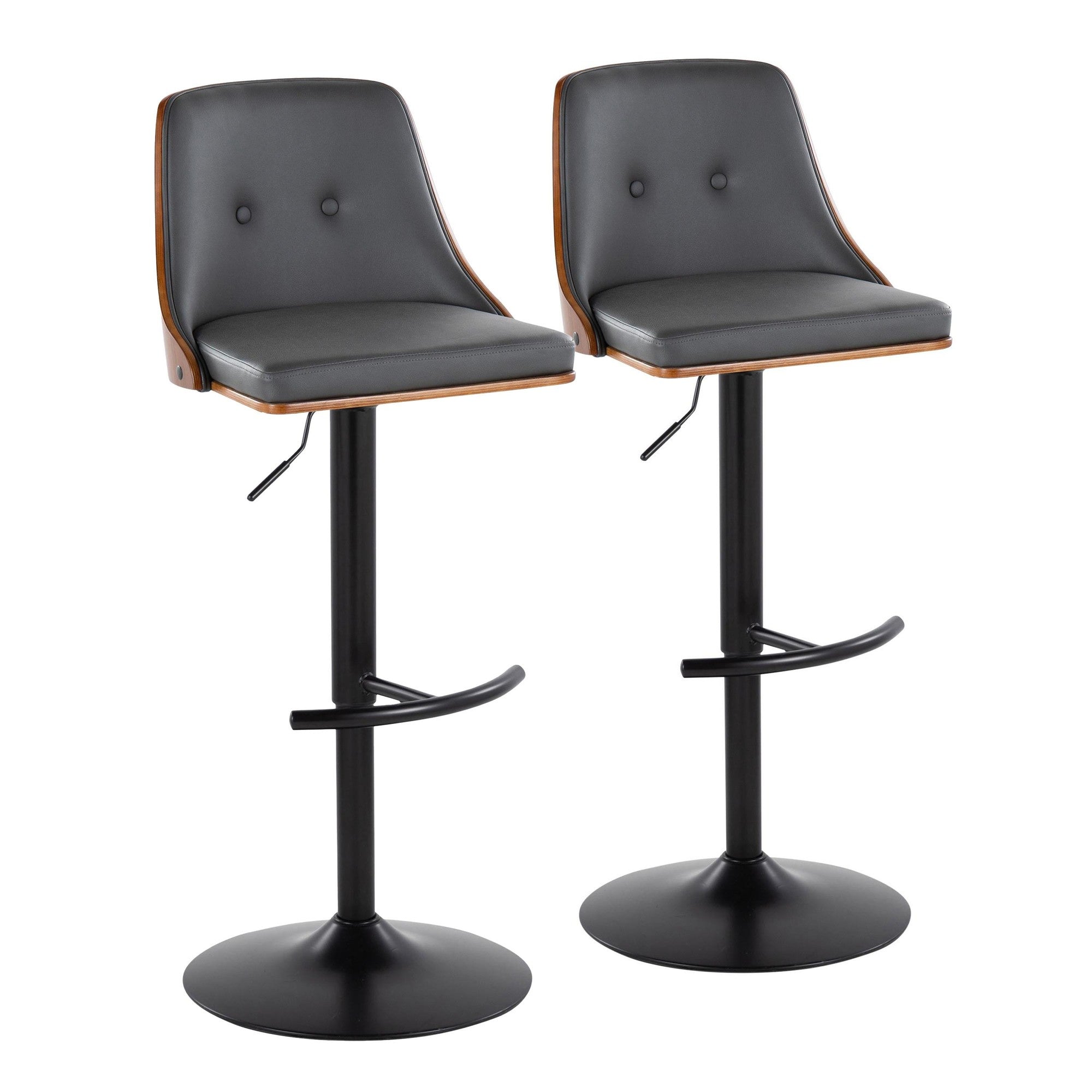 Gianna Adjustable Barstool - Set of 2 - Matte Black Metal, Walnut Wood, Grey PU